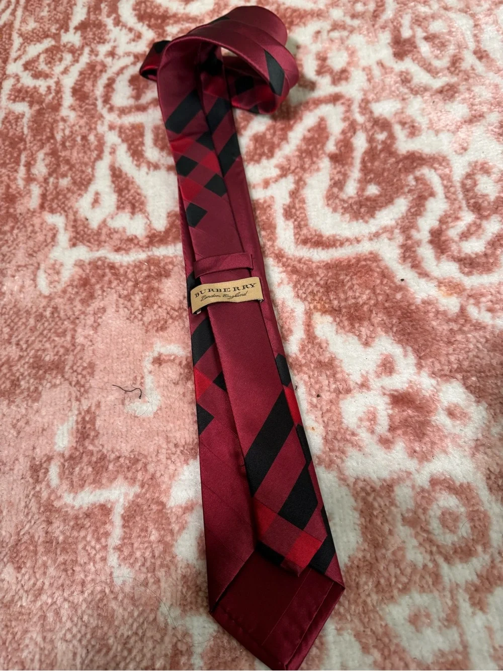 Burberry Red and Black Plaid Silk-Effect Tie